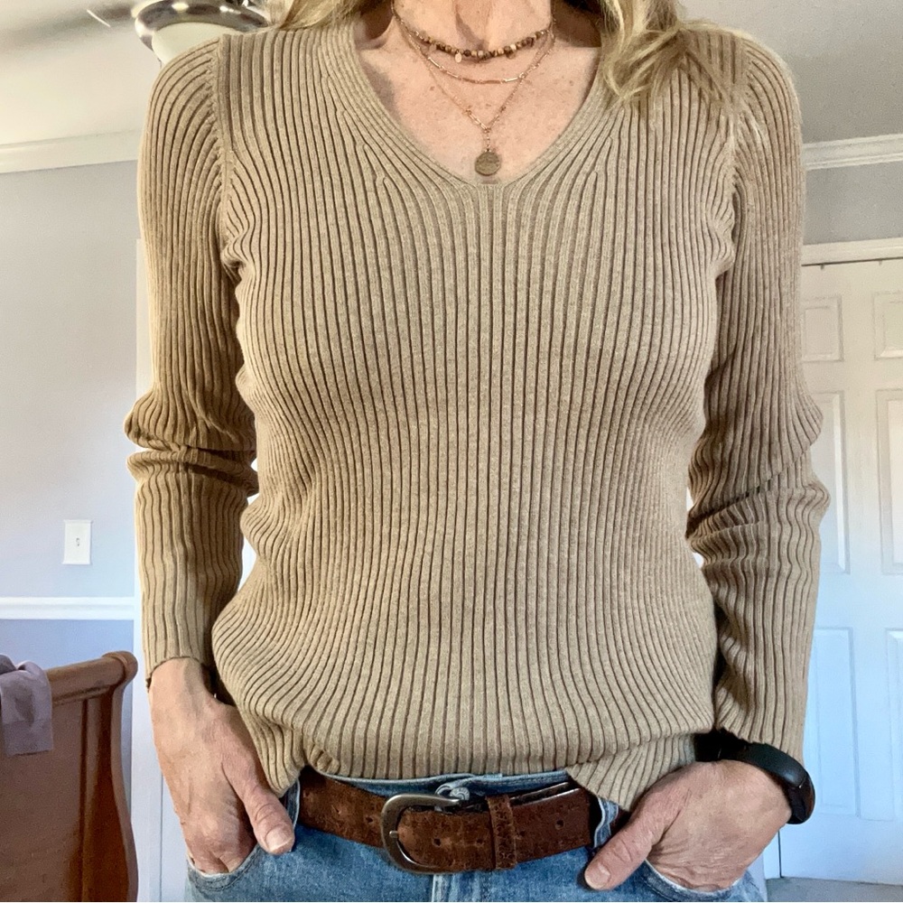 Old Navy, camel colored, cotton, rib knit, v-neck sweater - size L